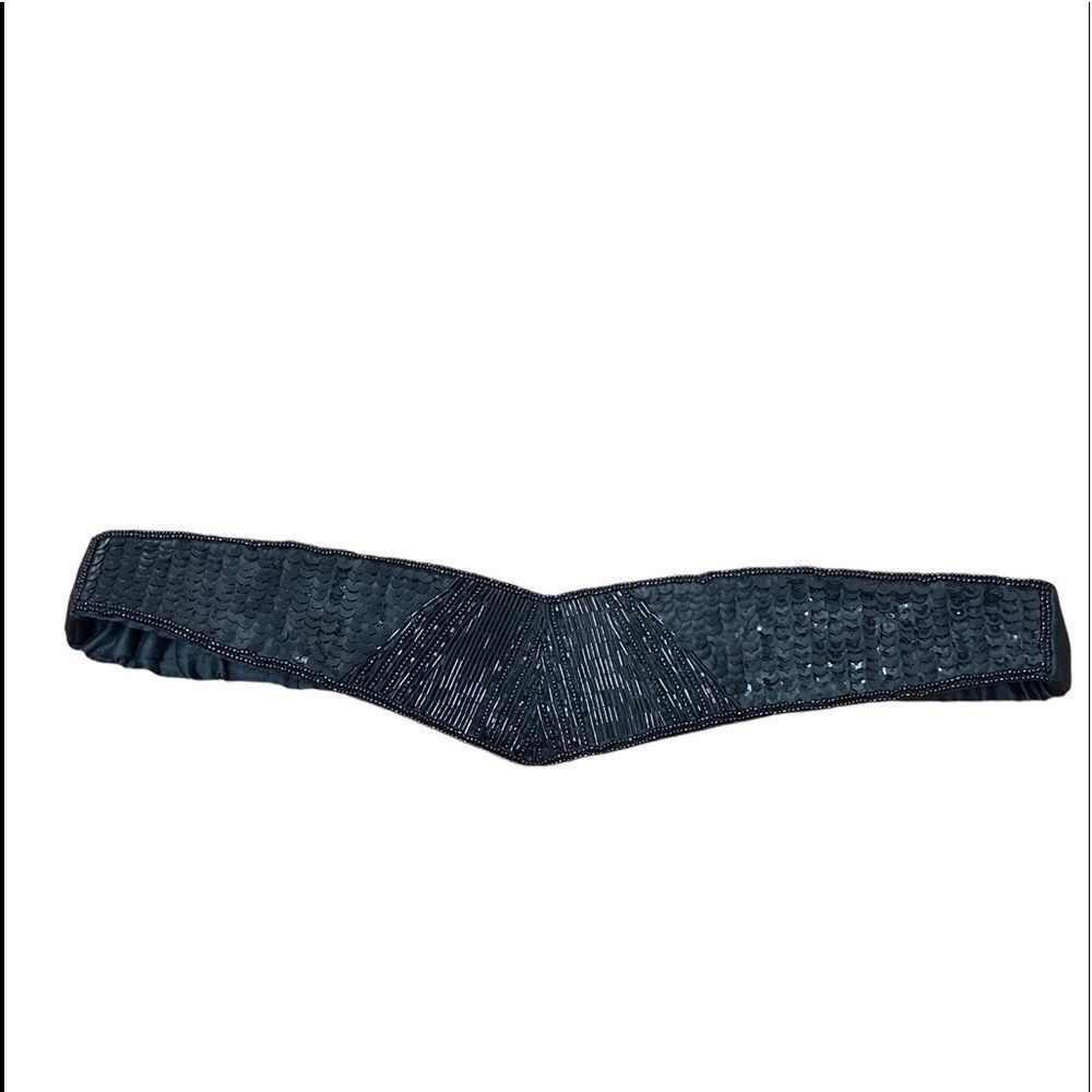 Vintage Black satin sequined beaded stretch belt with v dip in middle ML